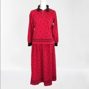 Vintage skirt set Christmas reindeer red black M